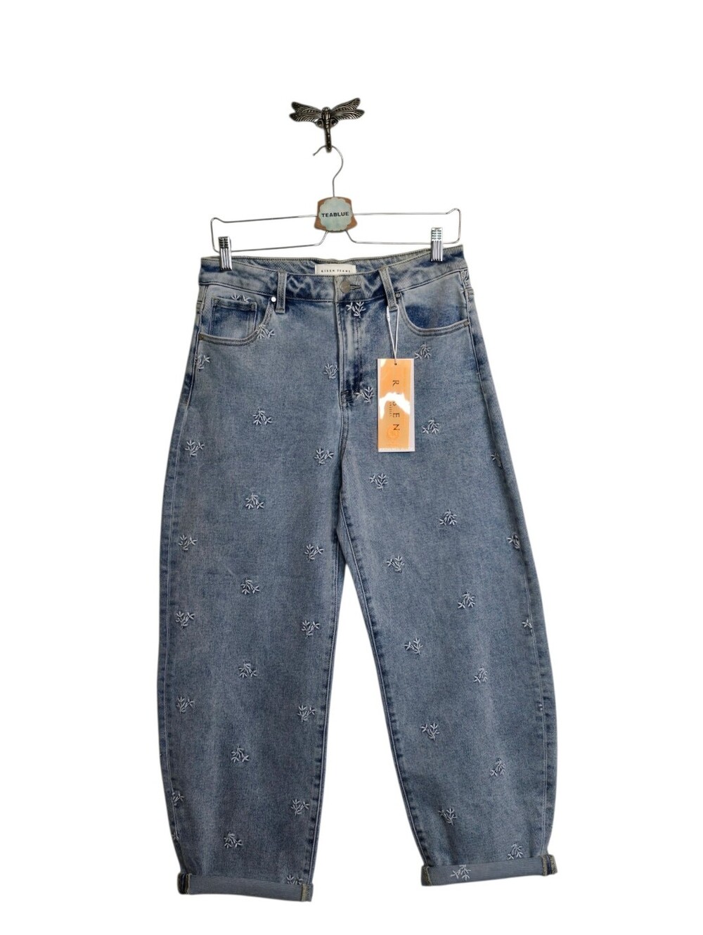 LAST PAIR! Risen Jeans High Rise Leaf Embroidered Barrel Jeans 9/29 NWT - Picture 3 of 16